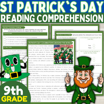 Preview of 9th Grade St. Patrick's Day Reading comprehension passage - St Patty’s Day March