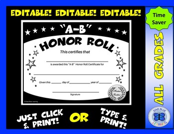 Preview of A-B Honor Roll Certificate (Black/White Stars) - Editable