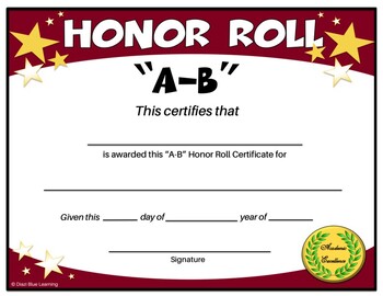 A B Honor Roll Certificate Gold Stars Editable By Diazi Blue Learning