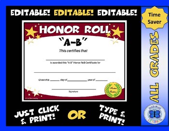 Preview of A-B Honor Roll Certificate Gold Stars - Editable