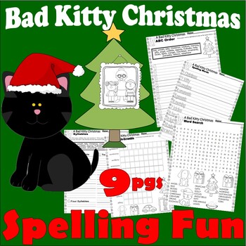 Preview of A Bad Kitty Christmas Reading Word Search Spelling Activities 9 Page Fun Packet