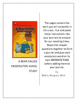 Preview of A Bear Called Paddington Novel Study Grade 3-5 Comprehension Vocab Art