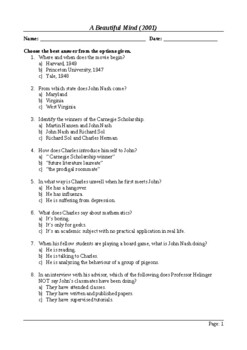 Preview of A Beautiful Mind (2001) - MCQ / Final Assessment / Viewing Questions