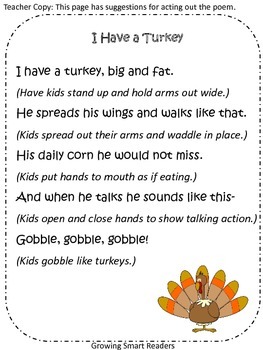 Turkey Poem (FREE) by Growing Smart Readers | Teachers Pay Teachers