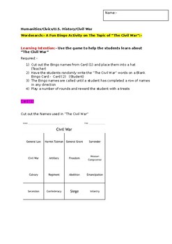 Preview of A Bingo Activity to help Learning about "The Civil War"