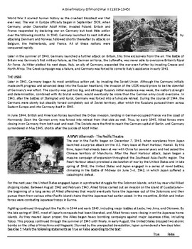 A Brief History Of World War II - Reading Comprehension Worksheet / Text