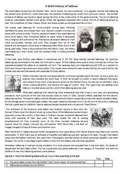 a brief history of tattoos reading comprehension worksheets tpt