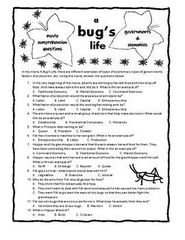 Preview of A Bug's Life Government & Economies Comprehension Questions