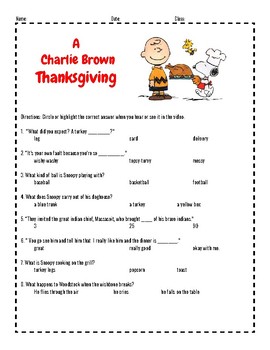 A Charlie Brown Thanksgiving Video Guide Questions Fun Tpt