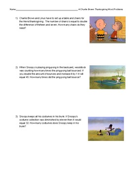 Preview of A Charlie Brown Thanksgiving Word Problem Review