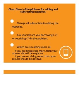 Preview of A Cheat Sheet for Postive and Negative Integers