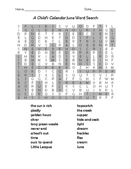 A Child's Calendar June Word Search by Teacher Chip's School Store