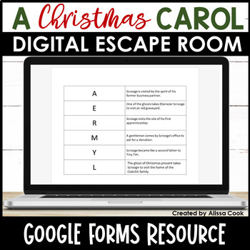 Preview of A Christmas Carol Digital Escape Room | Google Forms | Editable