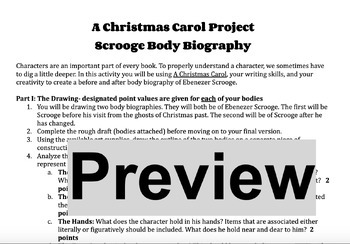 Preview of A Christmas Carol Scrooge Body Biography Project with Grading Rubric