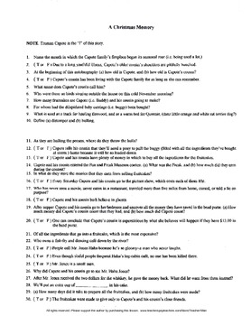 Preview of A Christmas Memory by Truman Capote Complete Guided Reading Worksheet