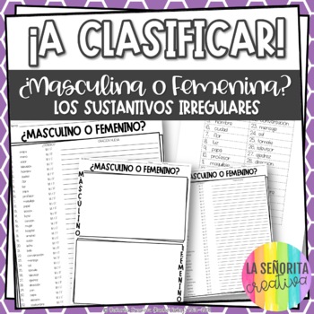 Preview of Gender of Irregular Nouns Spanish Sorting Activity and Worksheets