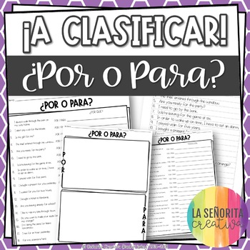 Preview of Por y Para Spanish Sorting Activity and Worksheets