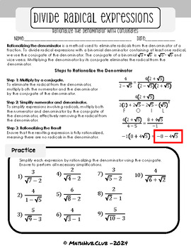 Preview of A Complete Worksheet on Rationalizing Denominators with Conjugates + Solutions