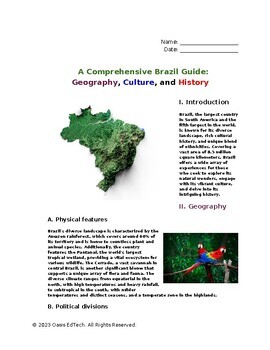 Preview of A Comprehensive Brazil Guide: Geography, Culture, and History Worksheet!