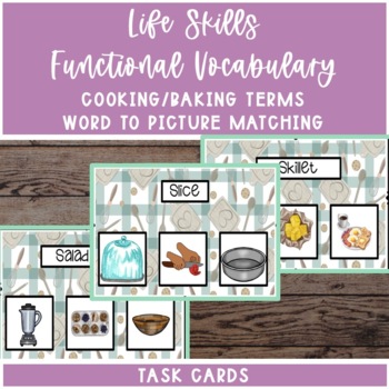 Preview of A Cooking/Baking Vocabulary Word To Image Matching Task Cards Word Series 3