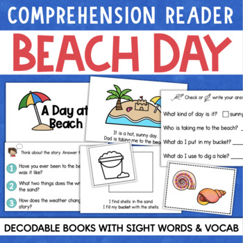 Preview of A DAY AT THE BEACH Decodable Readers Comprehension Vocabulary Sight Word Book