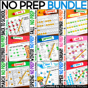 Preview of Kindergarten No Prep Literacy & Math Activities Year Long BUNDLE | Bingo Dabbers