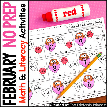 Preview of February NO PREP Pages Literacy and Math Activities for Kindergarten