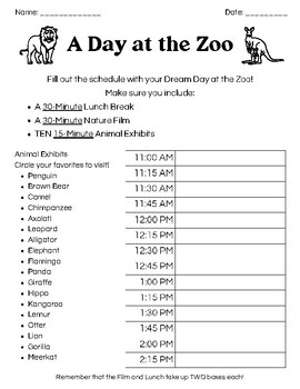 Preview of A Day at the Zoo Math and Telling Time Worksheet