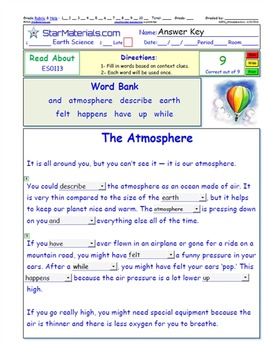 Preview of A Differentiated Interactive I-Cloze – Atmosphere - Reading in Content ES0113