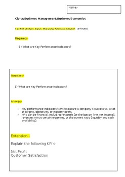 Preview of A Do Now:- "Key Performance Indicators" and an extension task- Start of class