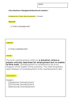 Preview of A Do Now Unpacking "Unemployment" and an extension task- Start of the lesson