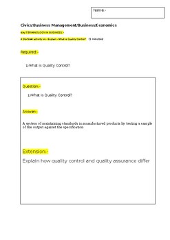 Preview of A Do Now on Business Term- Quality Control and an extension activity