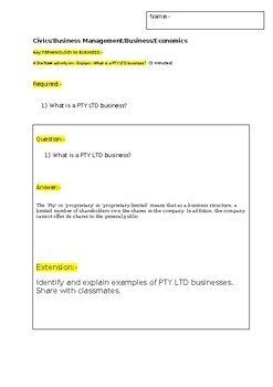 Preview of A Do Now on "PTY LTD businesses" and an extension activity.