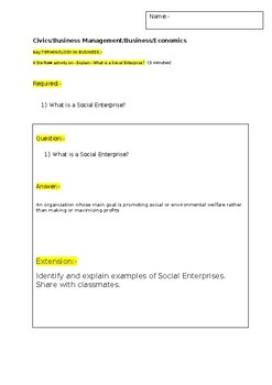 Preview of A Do Now on a "Social Enterprise" and an extension activity