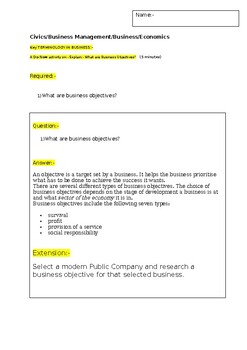 Preview of A Do Now on the business term- "Business Objectives" and an extension activity