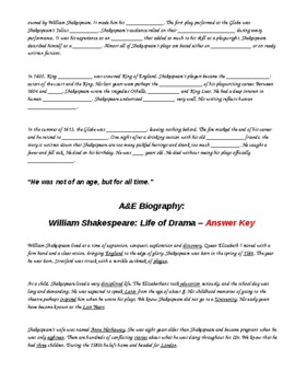 shakespeare biography worksheet answers