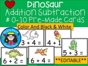 Preview of A+  Editable Dinosaur Addition & Subtraction Fluency Practice Cards # 0-10