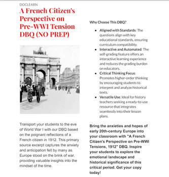 Preview of A French Citizen's Perspective on Pre-WWI Tension DBQ NO PREP/SELF GRADING