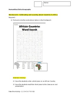 Preview of A Fun African Country Wordsearch including an extension activity