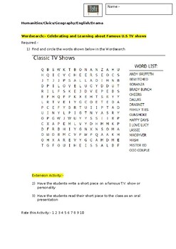 Preview of A Fun Famous U.S. TV programs Wordsearch including an extension activity