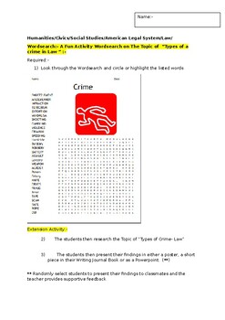 Preview of A Fun Legal Studies Wordsearch on Types of Crime and an extension task