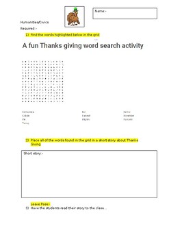 Preview of A Fun Thanks Giving Word Search Activity