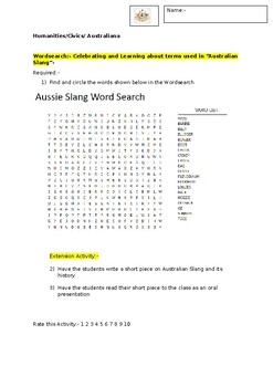 Preview of A Fun Wordsearch Activity on Australian "Slang" including an extension activity