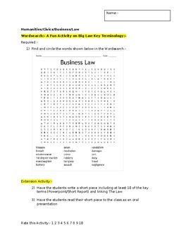 Preview of A Fun Wordsearch Activity on Business Law and an Extension Activity