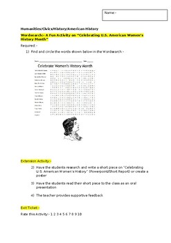 Preview of A Fun Wordsearch Celebrating Women of U.S. History and an extension activity