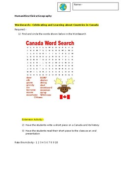 Preview of A Fun Wordsearch activity on Canada including an extension activity