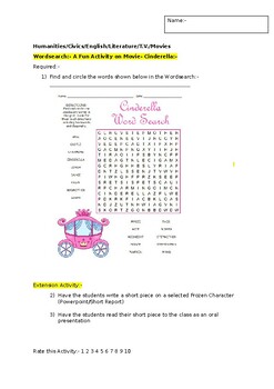 Preview of A Fun Wordsearch activity on Movie Cinderella and an extension activity