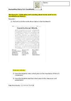 Preview of A Fun Wordsearch and extension task on U.S. Constitutional History