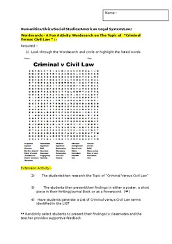 Preview of A Fun Wordsearch helping students learn about Criminal versus Civil Law