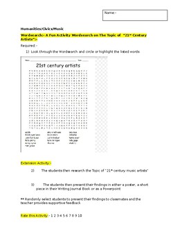 Preview of A Fun Wordsearch on 21st Century Music Artists and an extension activity